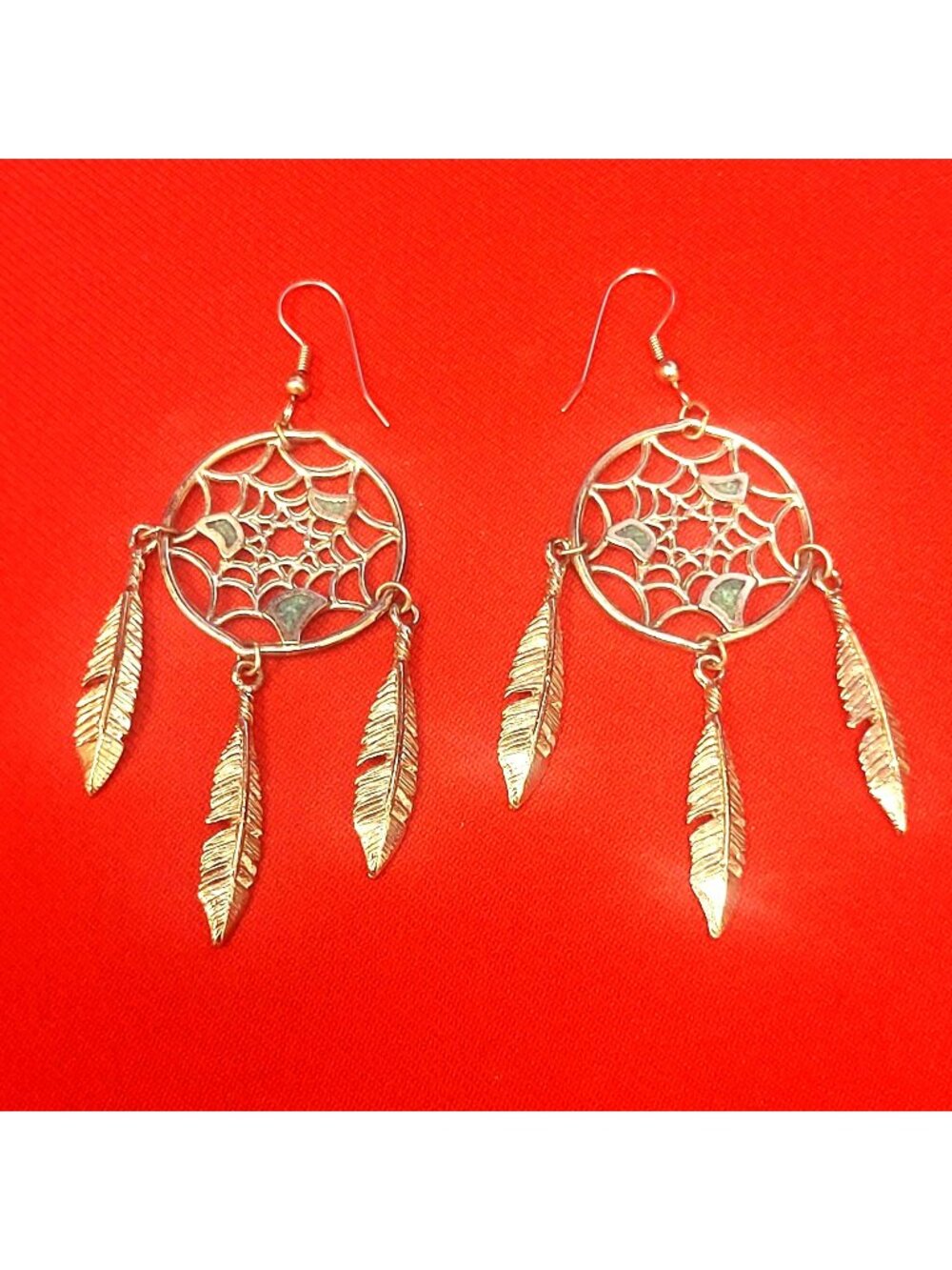 Gold Tone Dreamcatcher Dangle Earrings Feather Charms Inlaid Accents